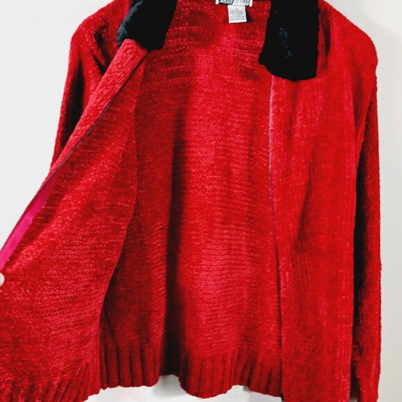 Kelly Scott, Red Zip Front Cardigan W/ Black Faux Fur Collar Size Medium Festive - Picture 11 of 16